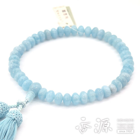 Women's Prayer Beads, Aquamarine, Mandarin Bead Cut, Pure Silk Matsukaze Tassel, Limited Edition