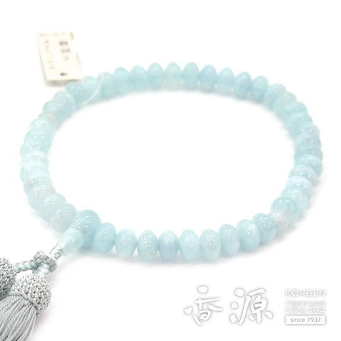 Women's Prayer Beads, Aquamarine, Mandarin Bead Cut, Pure Silk Matsukaze Tassel, Limited Edition A