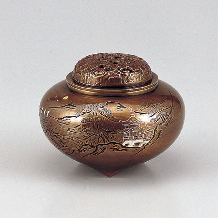 Takaoka Metalwork Flat-shaped pavilion landscape Incense Burner