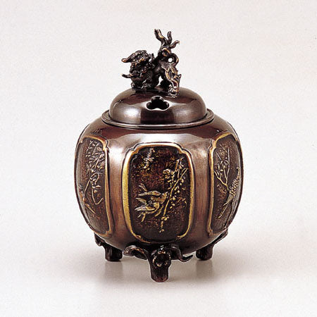 Takaoka Metalwork Flower and bird six-sided mattori Incense Burner