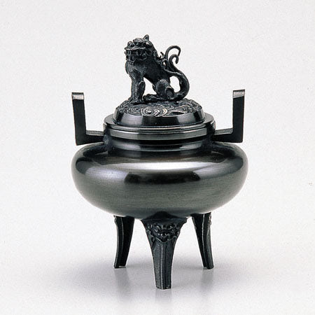 Takaoka Copperware Incense Burner, Shishi Lid and Chokin Metal Engraving, Old hand color1