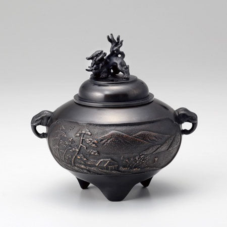 Takaoka Copperware Iron bowl type landscape Incense Burner, Antique Patina Finish