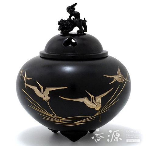 Takaoka Copperware Incense Burner, Shishi Lid and Chokin Metal Engraving, Old hand color2