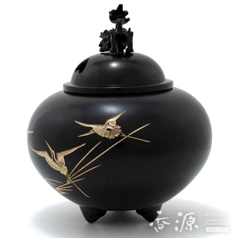 Takaoka Copperware Incense Burner, Shishi Lid and Chokin Metal Engraving, Old hand color2