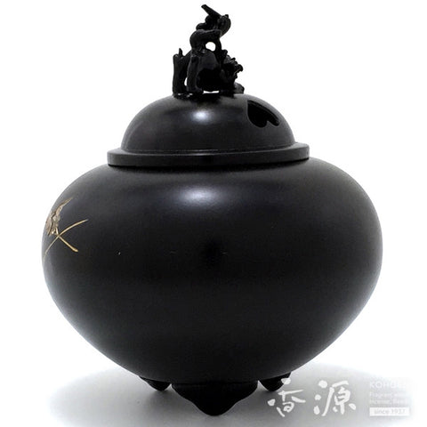 Takaoka Copperware Incense Burner, Shishi Lid and Chokin Metal Engraving, Old hand color2