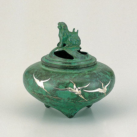 Takaoka Metalwork Incense Burner, Burnt Bronze Color, Wave Crane