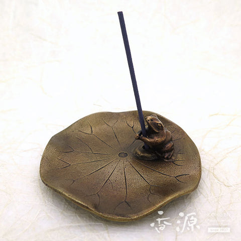 Takaoka Metalwork Frog Incense Holder, Frog on Lotus