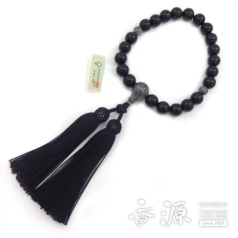 Men's prayer beads, black onyx, Burmese jade finish