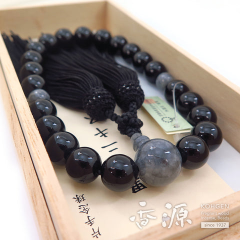 Men's prayer beads, black onyx, Burmese jade finish