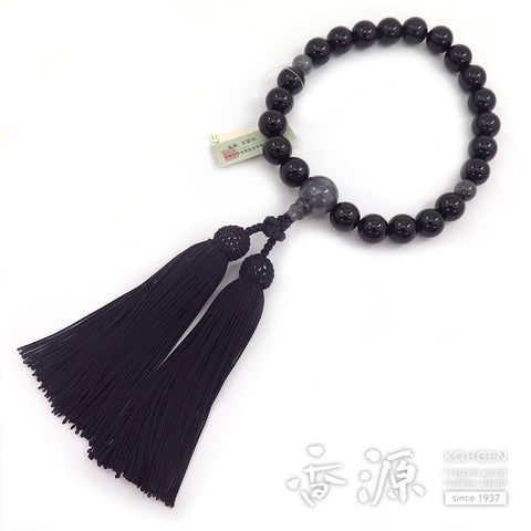 Men's prayer beads, black onyx, Burmese jade finish