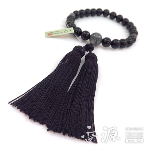 Men's prayer beads, black onyx, Burmese jade finish